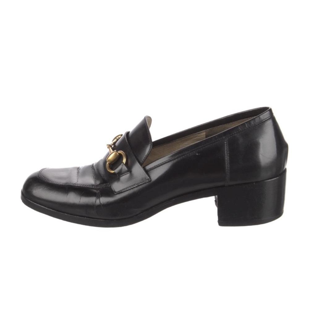 Gucci Black Leather Mid Heel Horsebit Loafers
